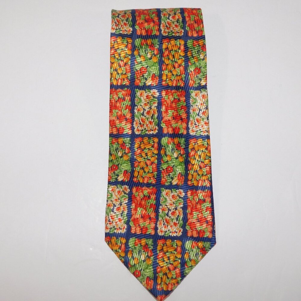 SAZZARI Mens 100% Silk Neck Tie Floral Fall Harvest Blue Orange Green Red